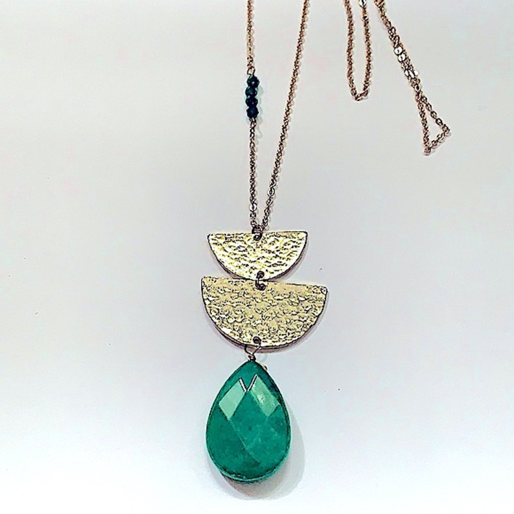 Long Gold Necklace With Hammered Gold Crescents And Faceted Emerald Green Stone